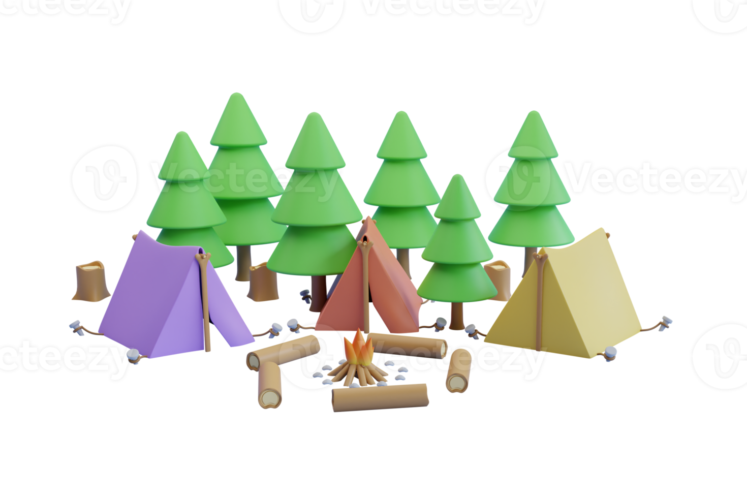 camping omgiven förbi tall träd. resa och camping begrepp. tält nära de lägereld. 3d tolkning. png