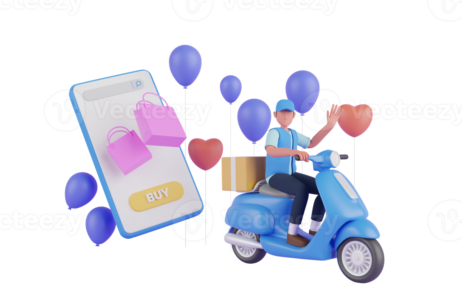 3d rendering of fast delivery service by scooter. Courier service Delivery. stack parcels box with logistics transportation service concept. png