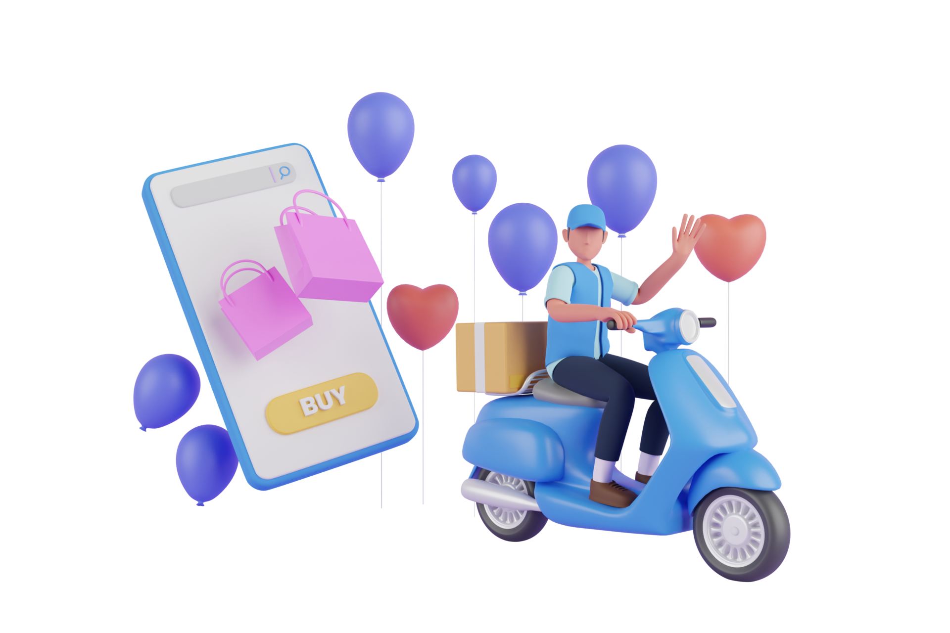 3d rendering of fast delivery service by scooter. Courier service