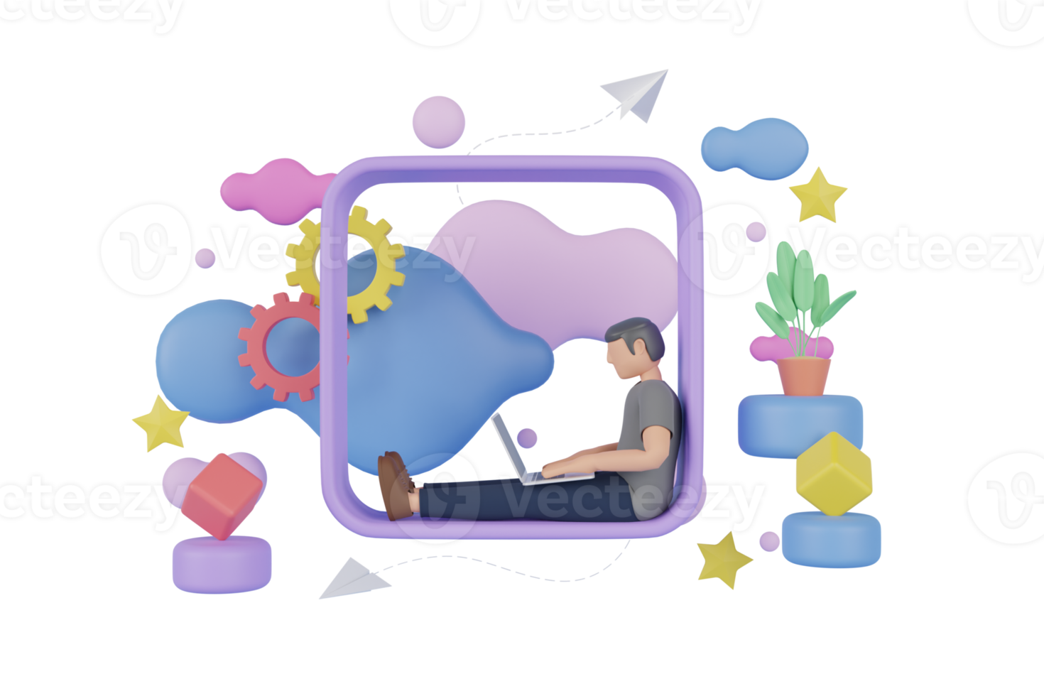 3D lifestyle of a young freelancer working from home. young man with a laptop sitting on a sofa. guy working at home sitting at the desk with a laptop. Home Office 3D render png