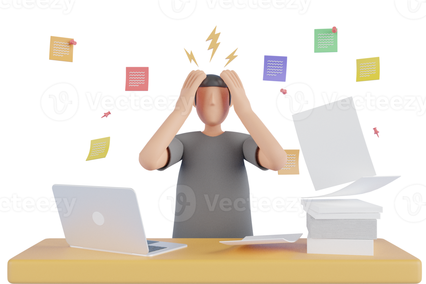 Personnage de bureau 3d avec beaucoup de travail. employé stressant au bureau. travail occupé et employé multitâche, dépêchez-vous de terminer de nombreux documents dans les délais et le calendrier. rendu 3d png