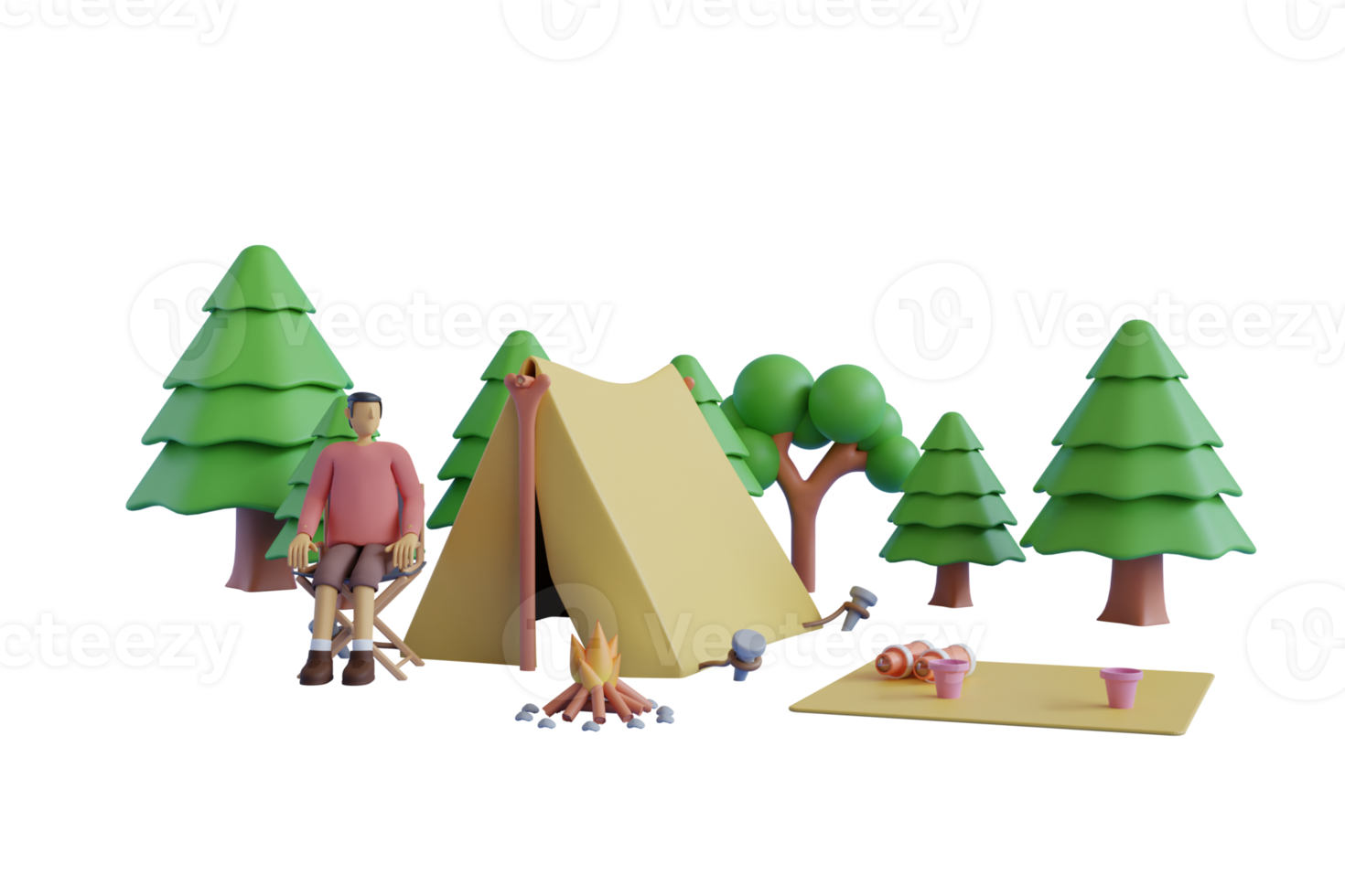 3D cartoon Campfire and tents in the pine forest. 3d illustration of low-poly geometric fir trees and a tent near the campfire and hiking kettle. png