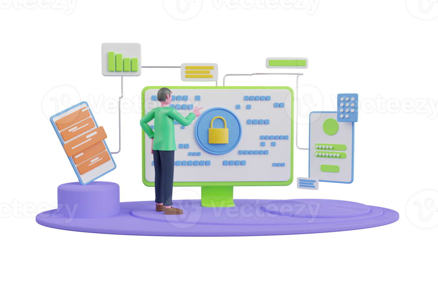 3D-Rendering-Sicherheitssystem auf Cloud-Computing-Technologie. Datensicherheitskonzept. Datensicherheitsschutz. Konzept für Webseite, Banner, Präsentation, soziale Medien, Dokumente, Karten, Poster. png