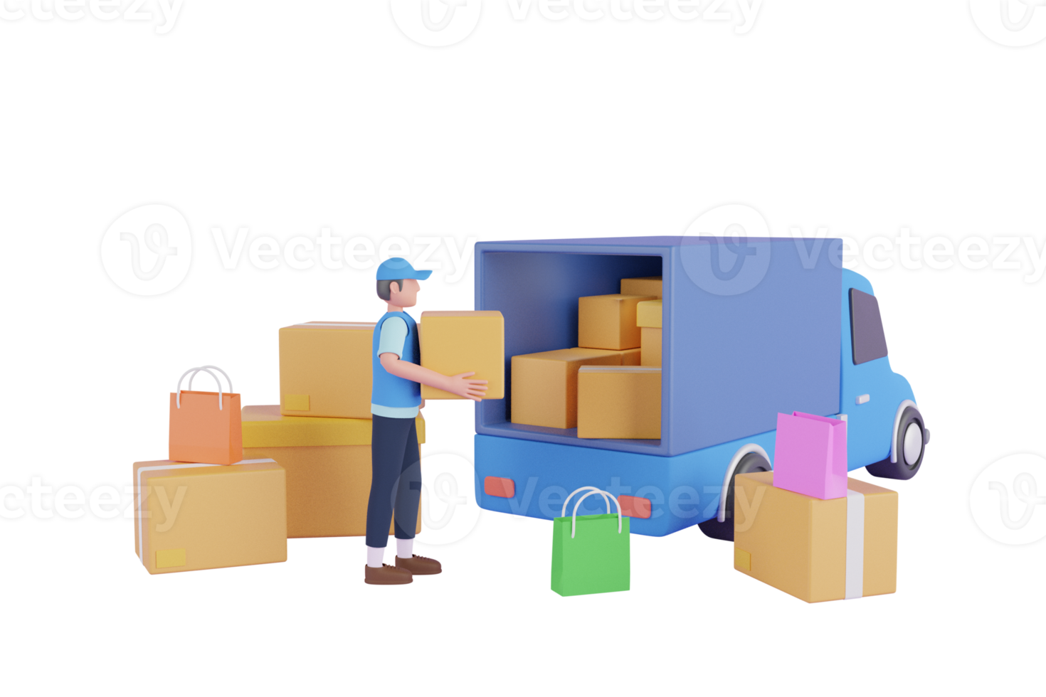 3d Courier service Delivery. Delivery man and boxes. Courier or delivery service. Men characters with parcels packages boxes.3d rendering png