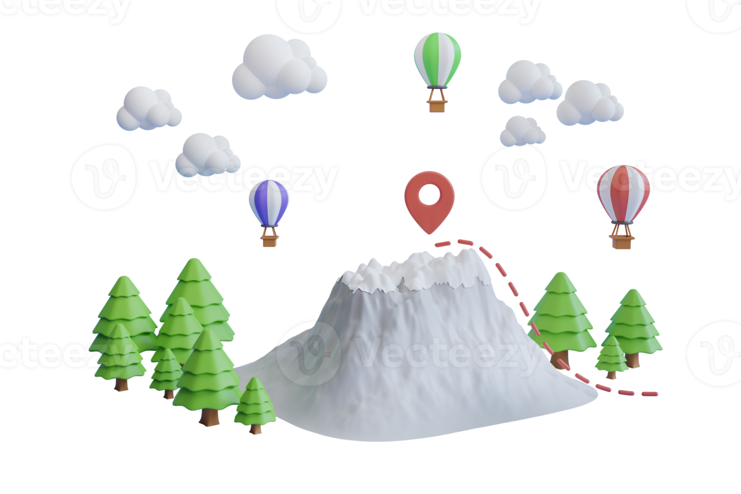 las montañas están rodeadas de pinos y nubes sobre un fondo azul. representación 3d mochila turística con mapa y brújula png