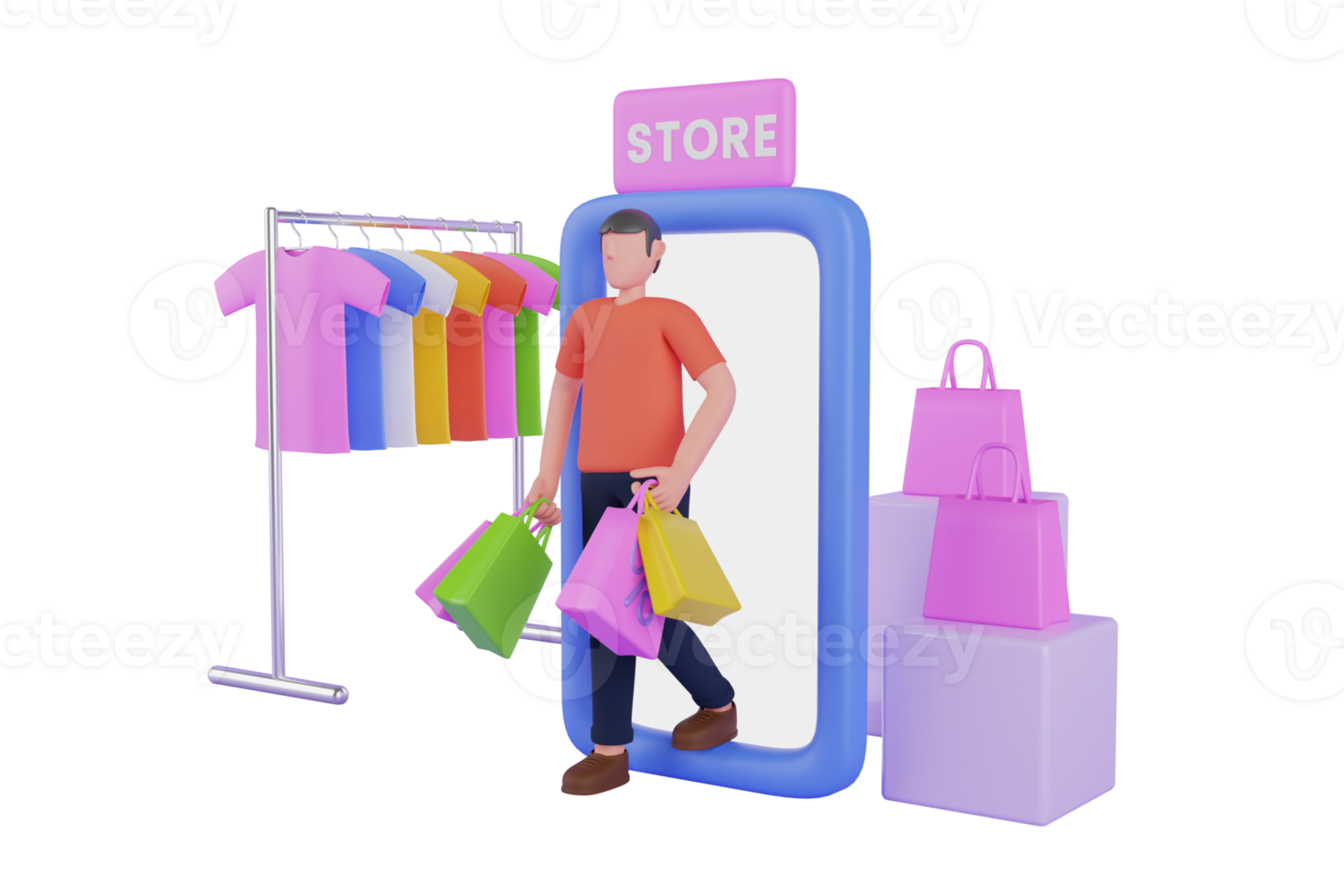 banner de compras con tienda de ubicación, carro, regalos, bolsas de mercado en estilo realista 3d. ilustración 3d de compras en línea png