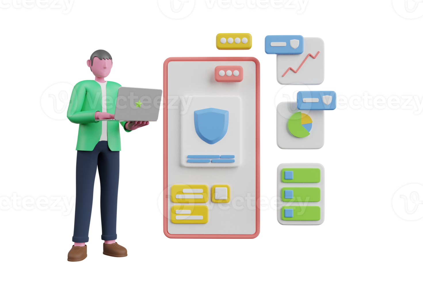 concepto de seguridad de datos móviles. Ilustración de renderizado 3d. Aplicación de seguridad móvil en la pantalla del teléfono inteligente. Carpeta segura de archivos confidenciales con acceso a documentos en papel y bloqueo privado. png