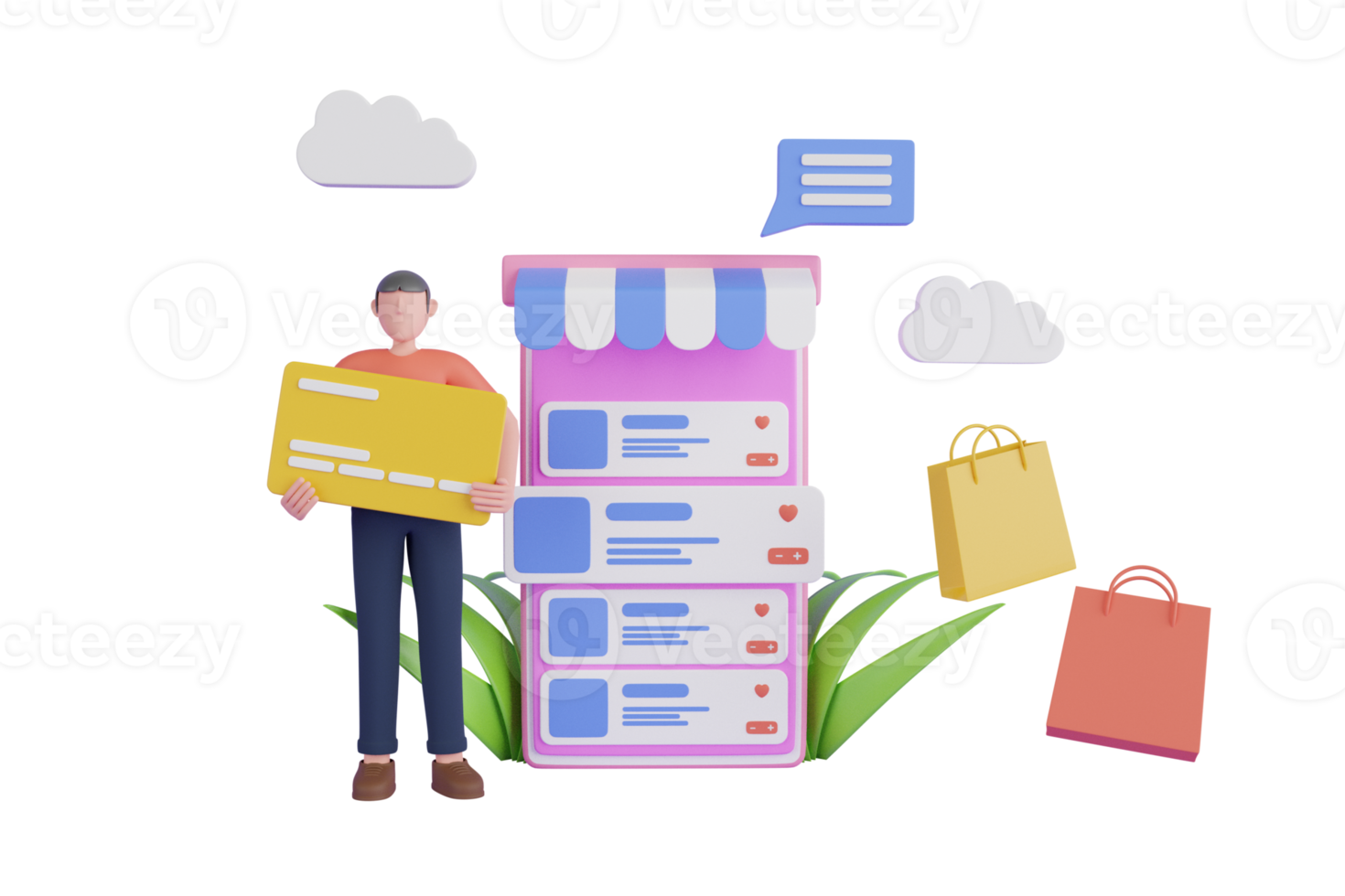  A male character holding a credit card with a mobile phone showing a shopping app and a speech bubble with the text 'Pay per Conversion' next to it.