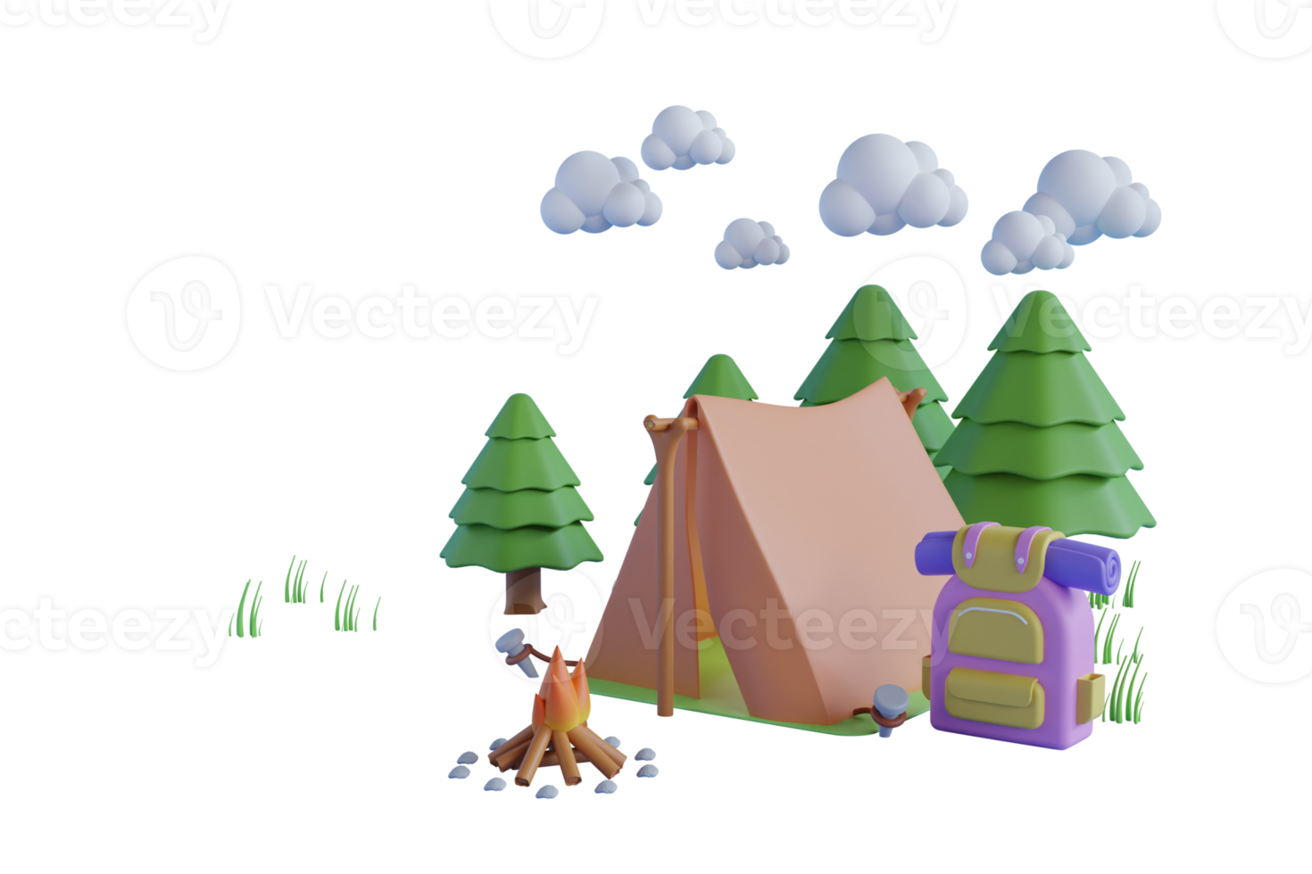 een oranje tent in een pijnboom Woud omringd door wolken. reizen en camping concept. 3d renderen png