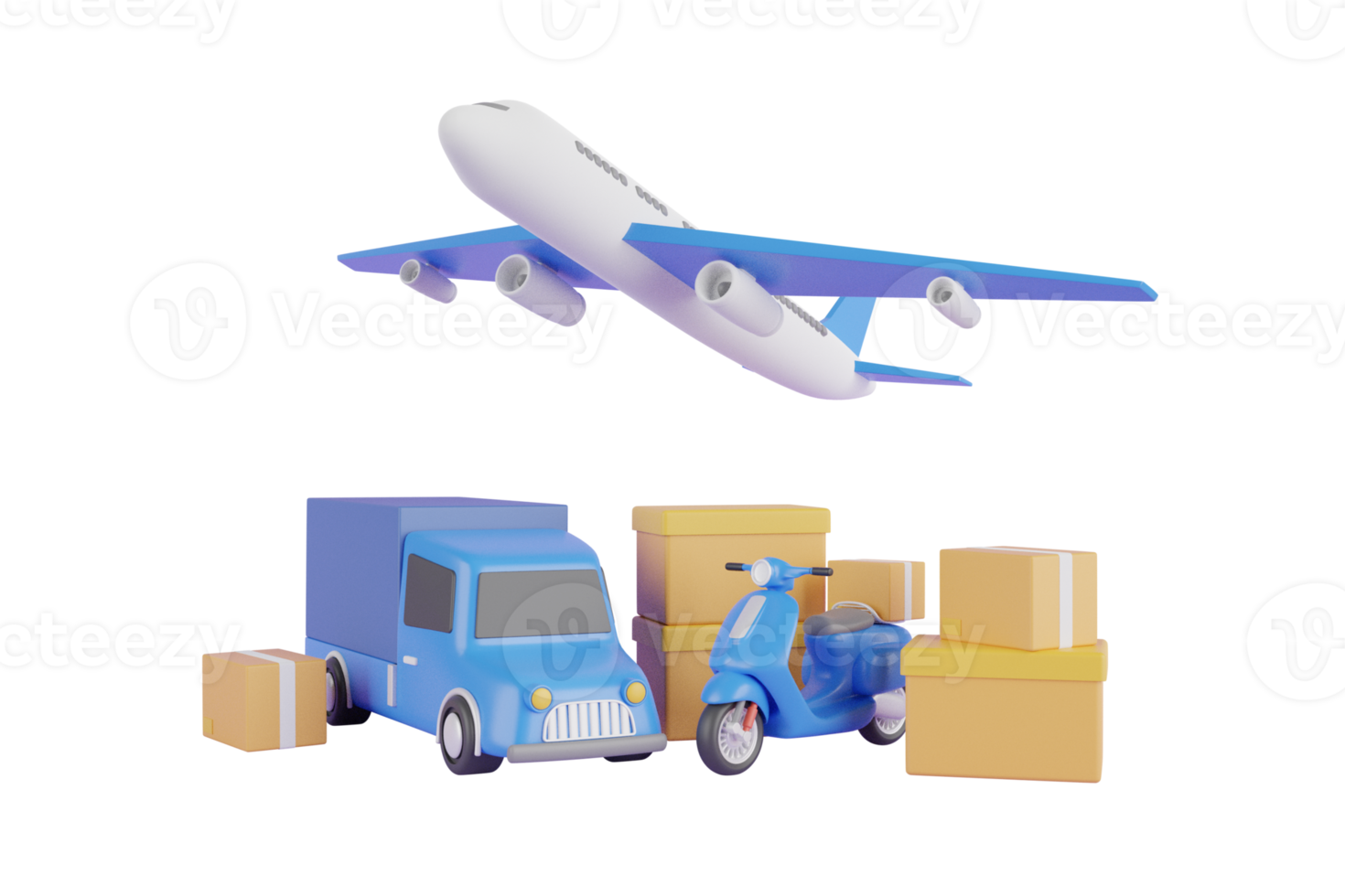 3d rendering of fast delivery service by truck, scooter, airplane. Airplane and truck with cardboard boxes. Courier service Delivery. png