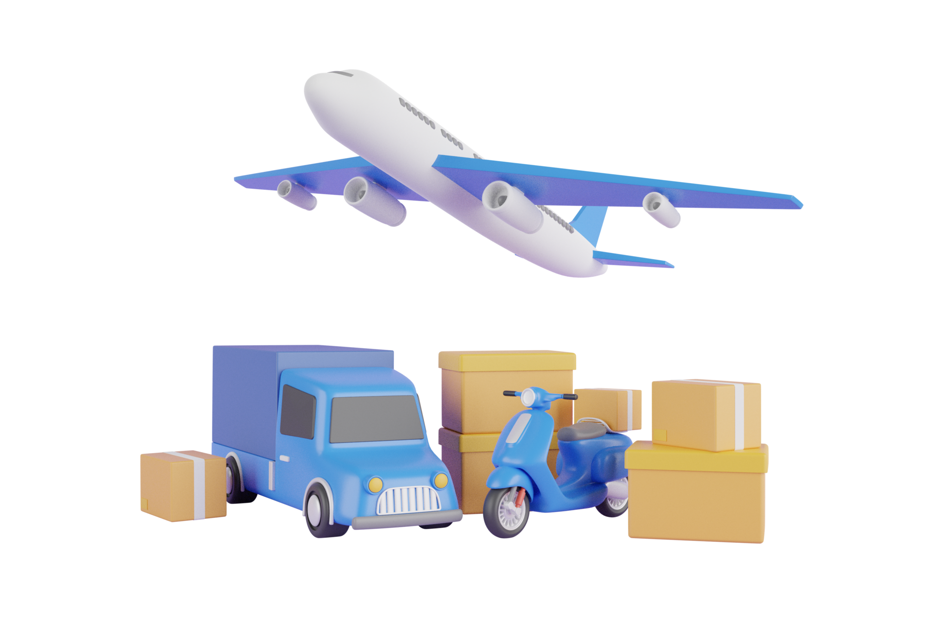 3d rendering of fast delivery service by truck, scooter, airplane. Airplane and truck with