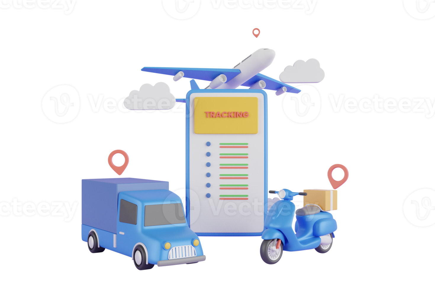 3D-Darstellung des schnellen Lieferservice per LKW, Roller, Flugzeug. 3D-Logistikanwendungsdienstkonzept. 3D-Rendering. png