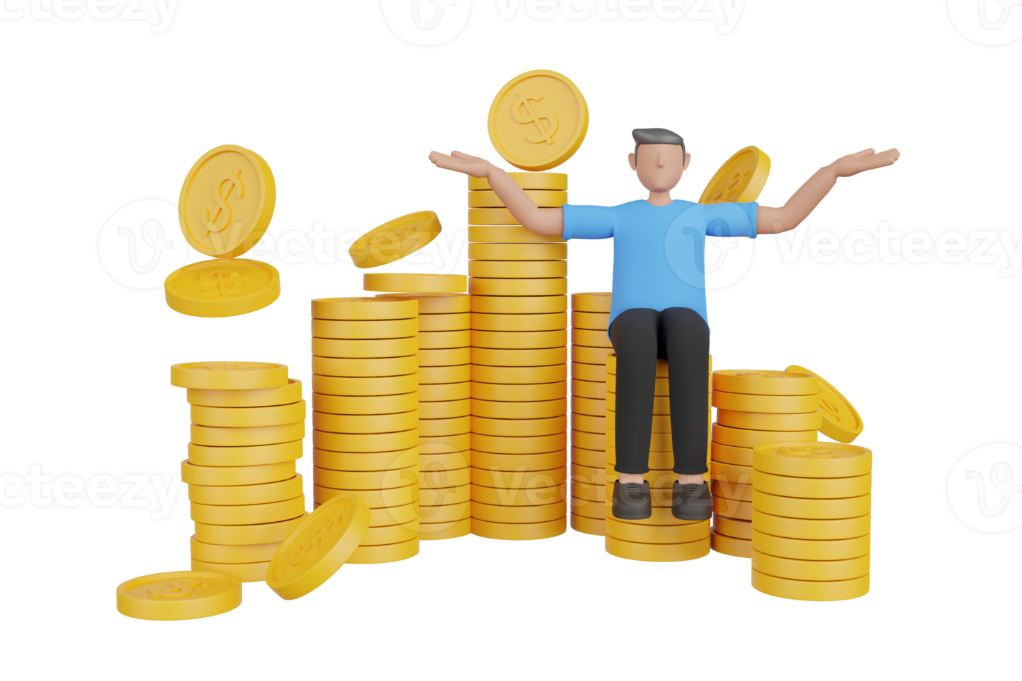 Ilustração 3D dos benefícios de economizar. Conceito de renderização 3D do ícone de economia de dinheiro, gerenciamento de dinheiro. nota de dólar, moeda, gráfico de pizza, seta, fundo roxo do gráfico. renderização 3D png