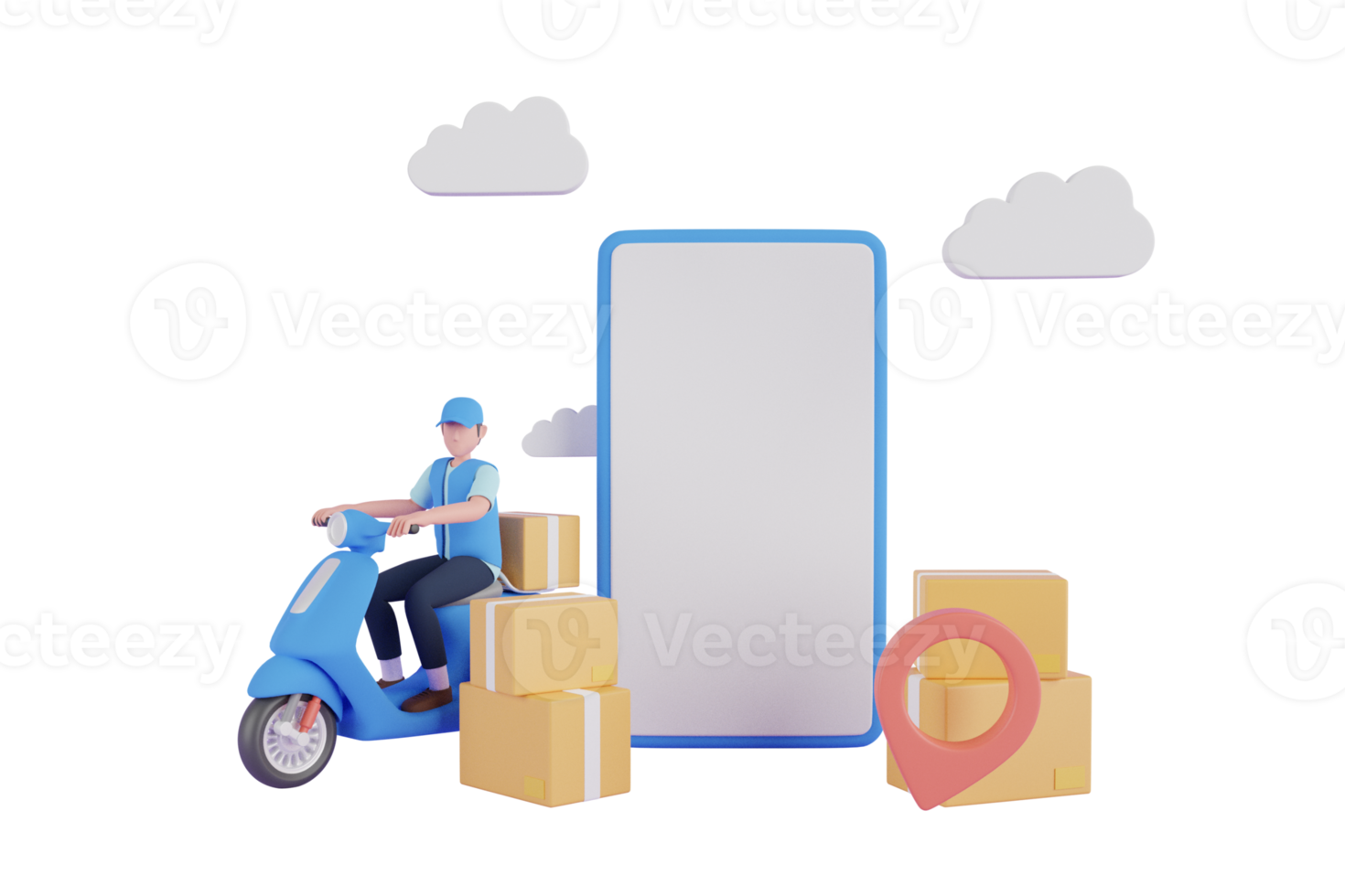 Smartphone blank display, delivery service and mobile app. Delivery man with blue scooter out of a mobile phone. 3d rendering. png