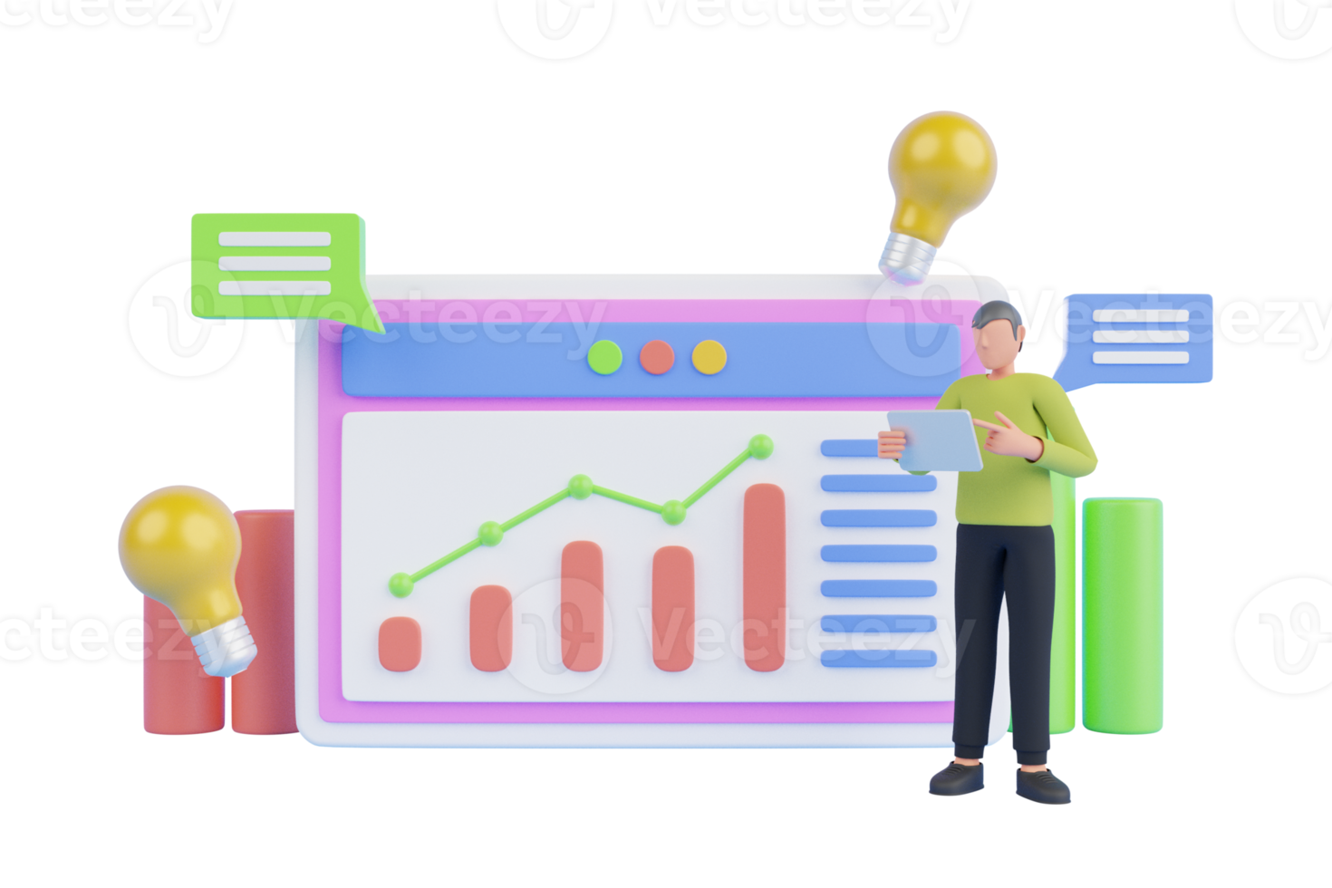 Online marketing, financial report chart, data analysis, and web development concept.Digital Screen 3D Illustration, Video player, gallery, development, seo analysis concept with floating elements. png