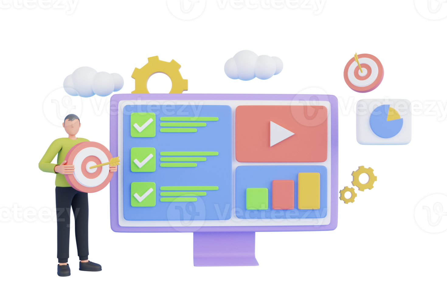 3D SEO Optimization. Strategy and Planing website. Digital Screen 3D Illustration, Video player, gallery, development, seo analysis concept with floating elements.3d render illustration png