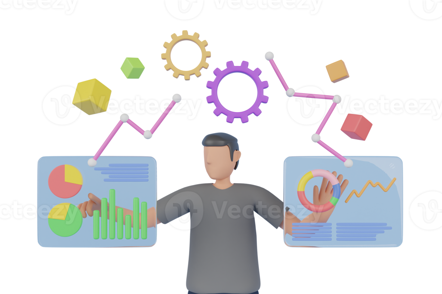 analyserar marknadsföra trender och planera seo optimering. affärsman ger presentation, styrelse med tillväxt analys, diagram, statistik och data.marknad analysator presenter analys. 3d tolkning png