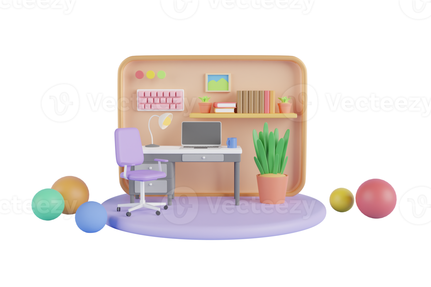 3D Conceptual work spaces of online social communication with simple design objects. work desk complete with computer and work equipment. bright office desk concept, 3D Render. png