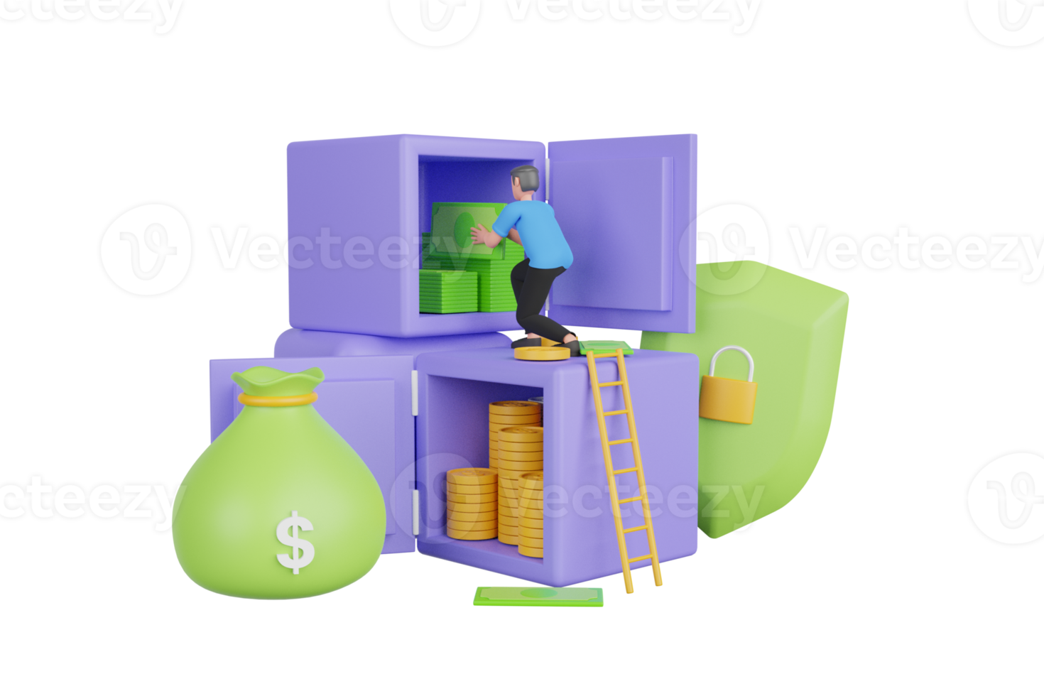 3D-Darstellung des Sparens von Geld in einem Schließfach. 3D-Rendering-Konzept der Geldeinsparung. Geld Banking-up-Konzept. Bankeinlage und Gewinn. 3D-Renderillustration Cartoon minimaler Stil. png