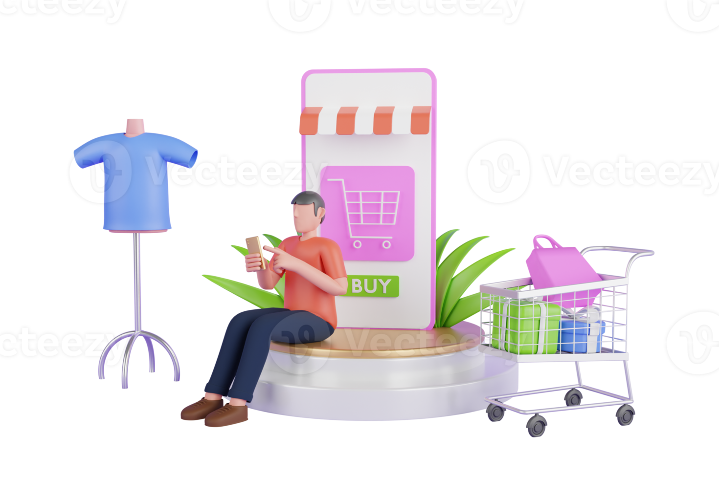 Smart phone is surrounded by parcels, shopping bags and alarm clocks on a blue background. Online shopping 3D Illustration. png