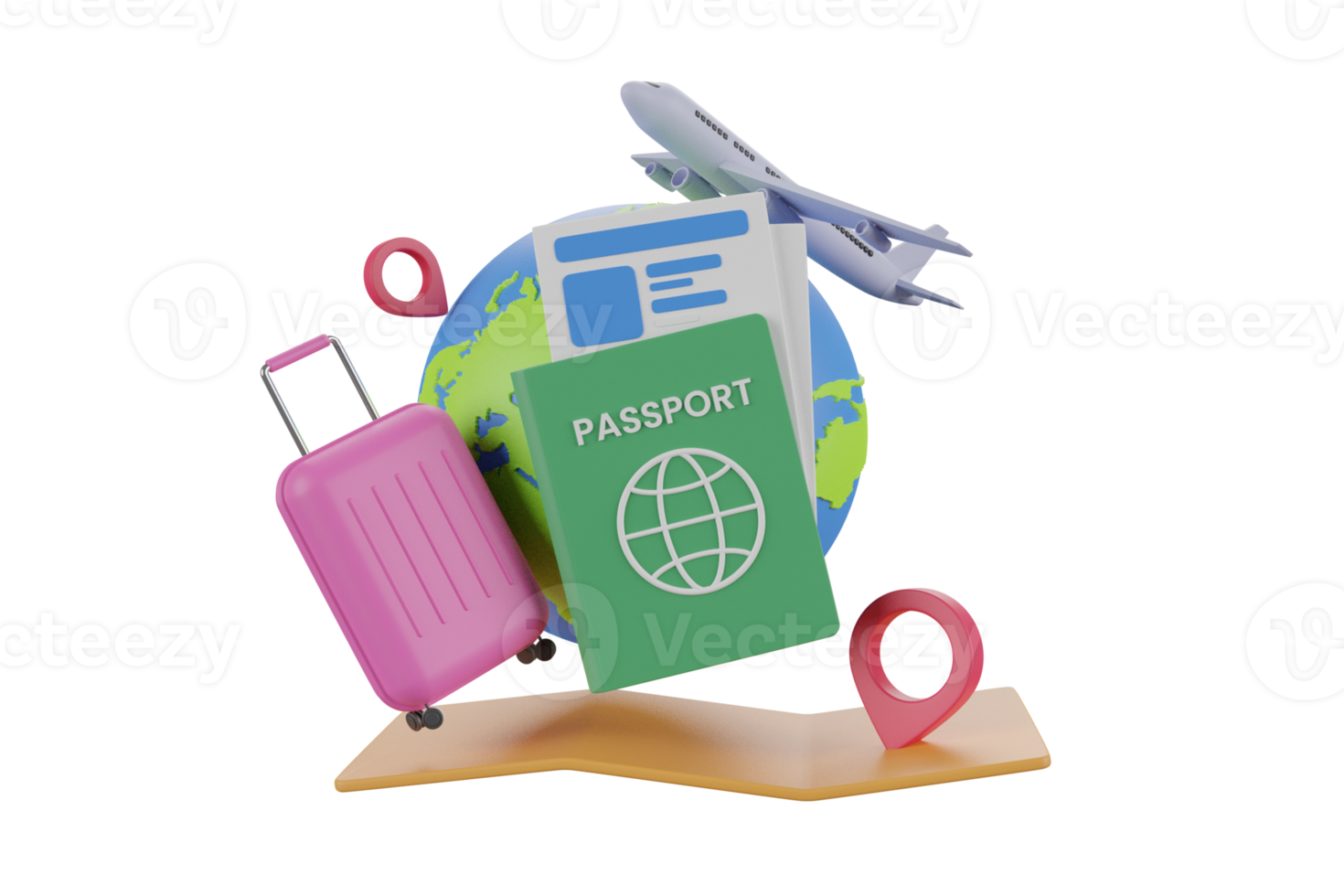 3D rendering globe pin map and suitcase with flight. Travel concept 3d illustration, Airplane flying over the map pin.3d rendering. png