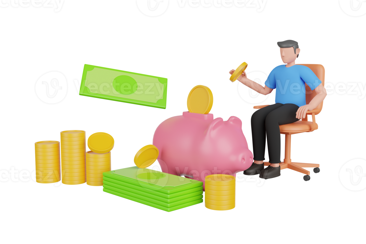 Ilustración 3d de ahorrar dinero en ahorros de cerdo. Concepto de representación 3D de icono de ahorro de dinero, gestión de dinero. concepto de banca de dinero. depósito bancario y beneficio. renderizado 3d png
