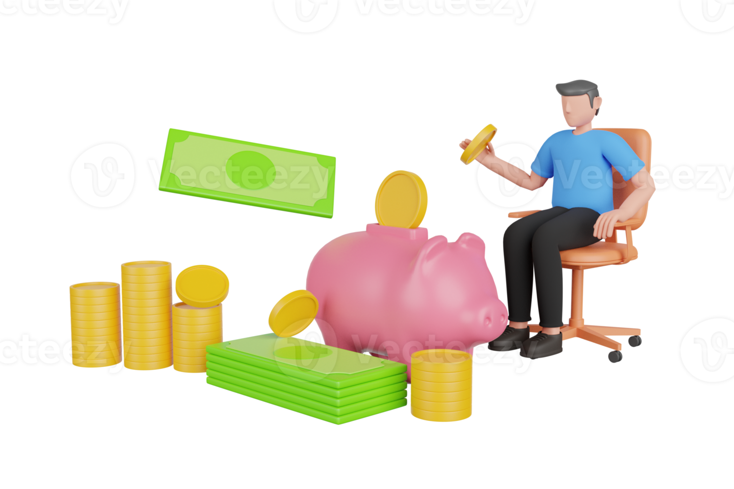 3D-Darstellung des Geldsparens in Schweinespareinlagen. 3D-Rendering-Konzept des Geldsparsymbols, Geldmanagement. Geld Banking-up-Konzept. Bankeinlage und Gewinn. 3D-Rendering png