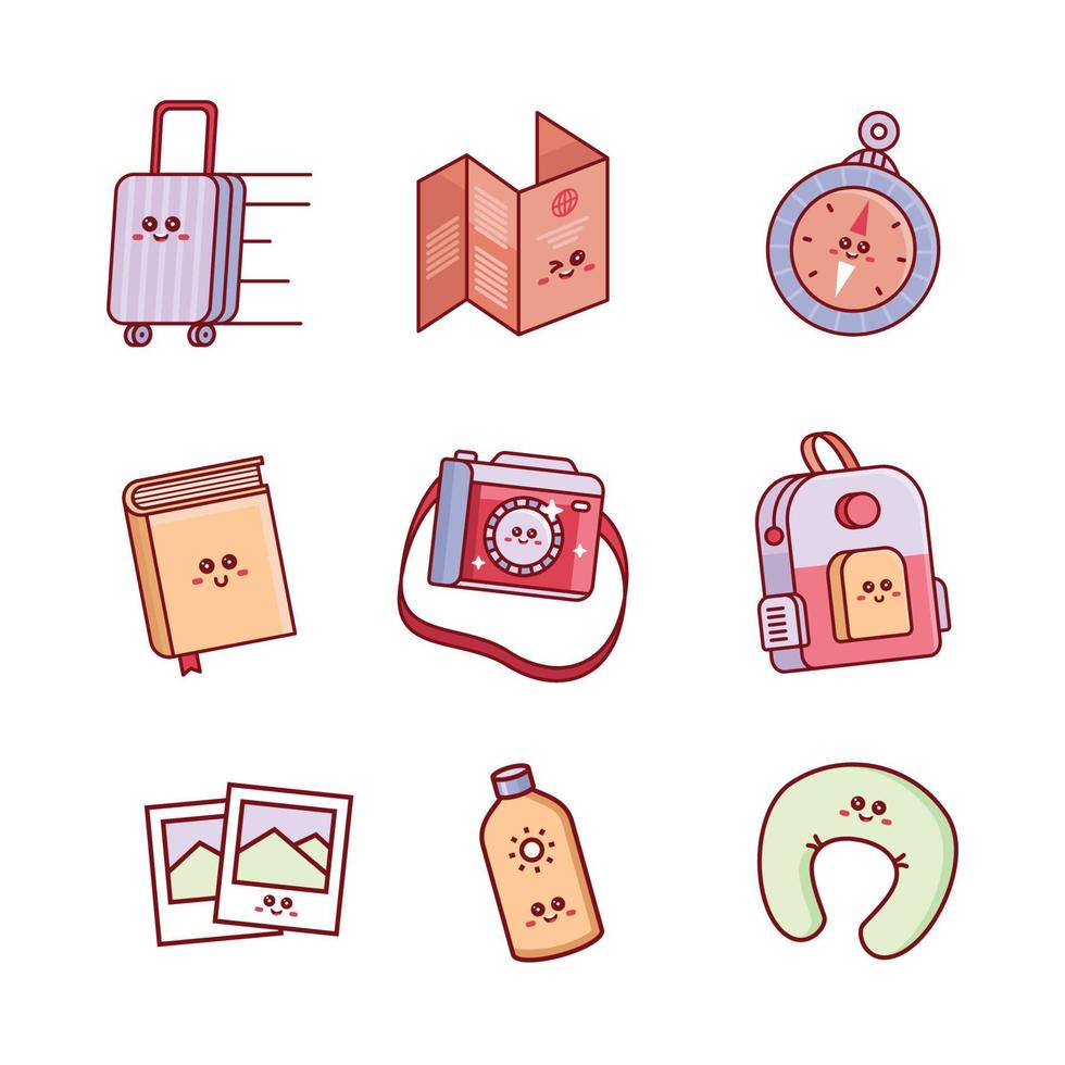 Cute Kawaii Travelling Objects Collection vector