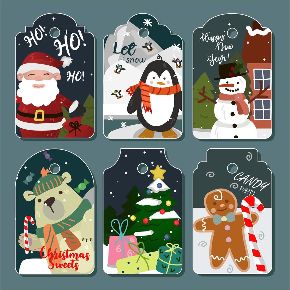 un conjunto de etiquetas de regalo de navidad con elementos decorativos. tema navideño, postales, imprenta vector