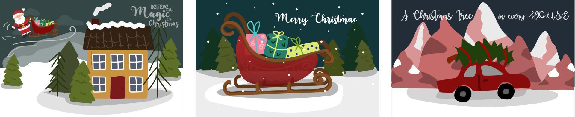 un conjunto de lindas tarjetas de navidad. postales con motivos navideños santa claus, oso, muñeco de nieve, trineo con regalos, árbol de navidad, pingüino, coche con árbol de navidad, casa, pan de jengibre. ilustración vectorial vector