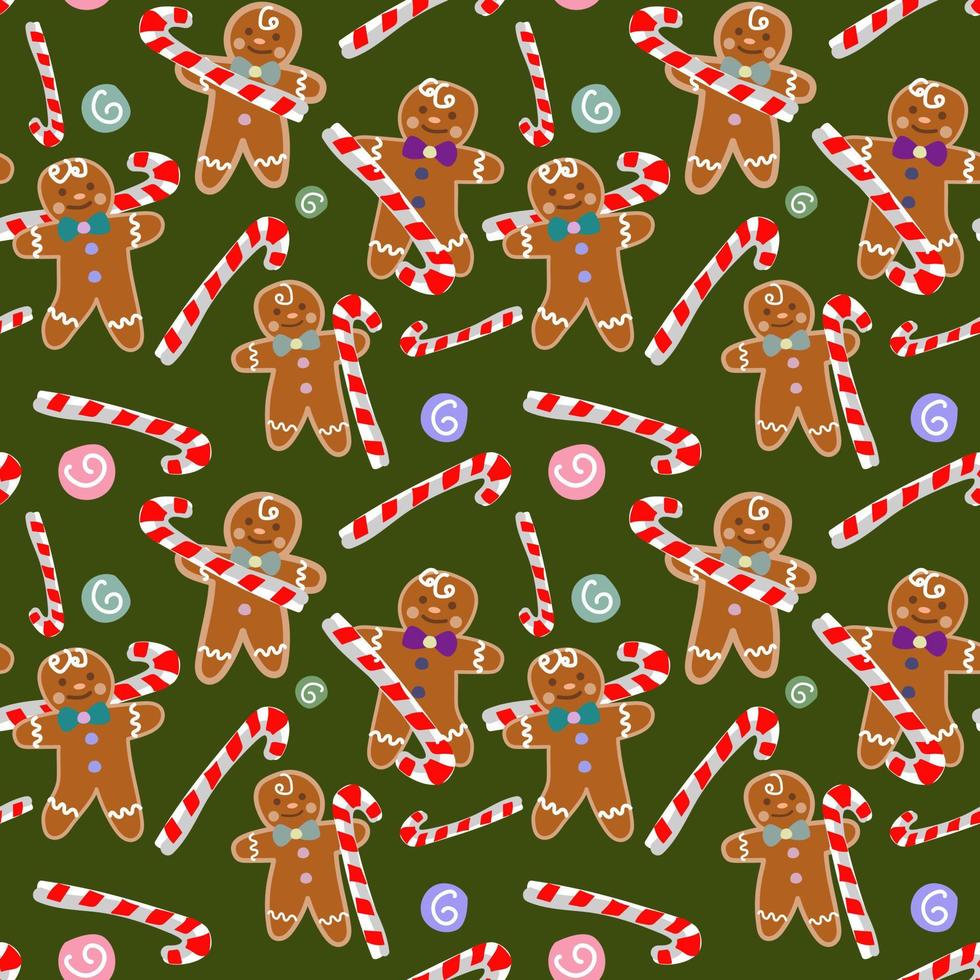 Christmas gingerbread seamless pattern. Ginger cookies on a green background dancing with lollipops. Vector illustration. Cute Christmas background for wallpaper, gift paper, pattern filling, textiles