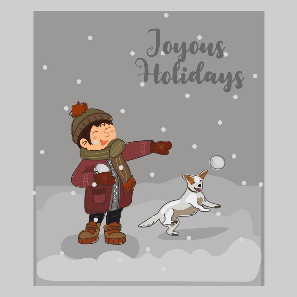 Feliz Navidad. postales con niños que disfrutan de las vacaciones navideñas en un clima nevado con un paisaje invernal. los niños se divierten y juegan con la nieve y en la nieve. vector