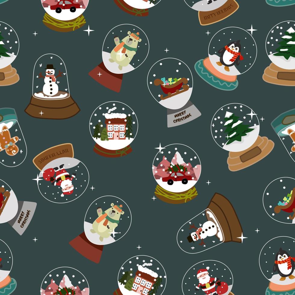 El patrón de la colección de bolas de cristal feliz navidad. santa claus, oso, muñeco de nieve, trineo con regalos, árbol de navidad, pingüino, coche con árbol de navidad, casa, pan de jengibre. ilustración vectorial vector