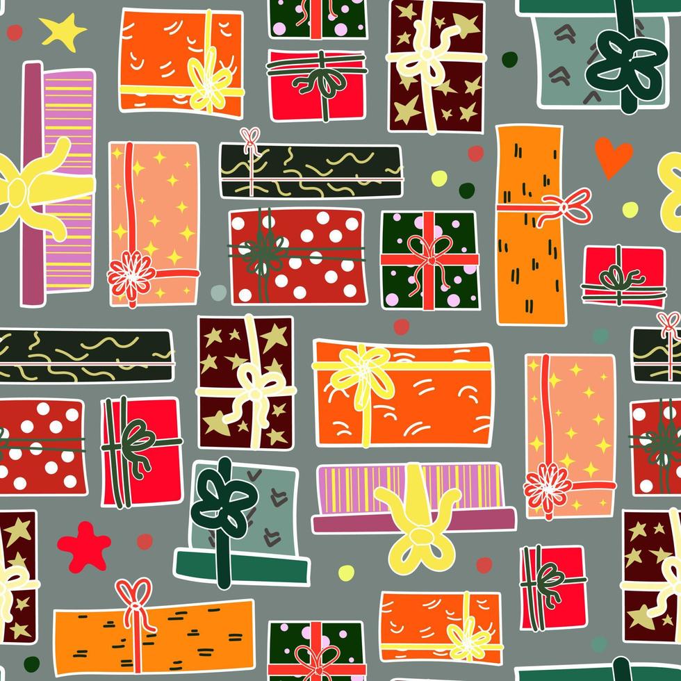 A pattern with gifts and small things. Christmas gift boxes vector pattern in retro style. Seamless background with gift boxes with bows. Illustration for postcards, invitations, posters. Children's i