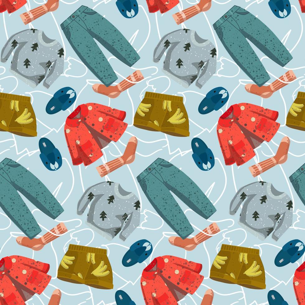 A pattern of clothes on the background of contour lines. Suitable for printing on textiles, paper. Packaging, print. vector