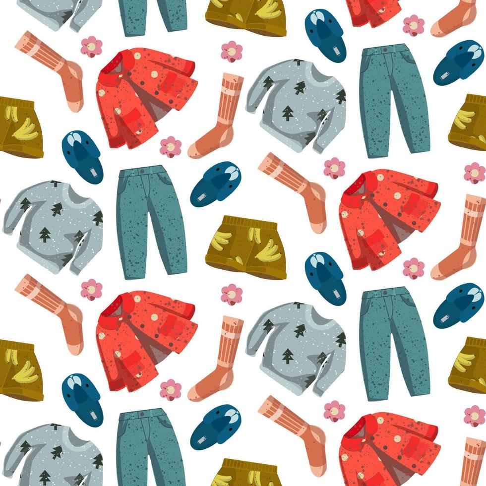 Seamless pattern with rendered clothes. Clothes without a background. Suitable for printed products and textiles. Packaging, banner, flyer, background, print. vector