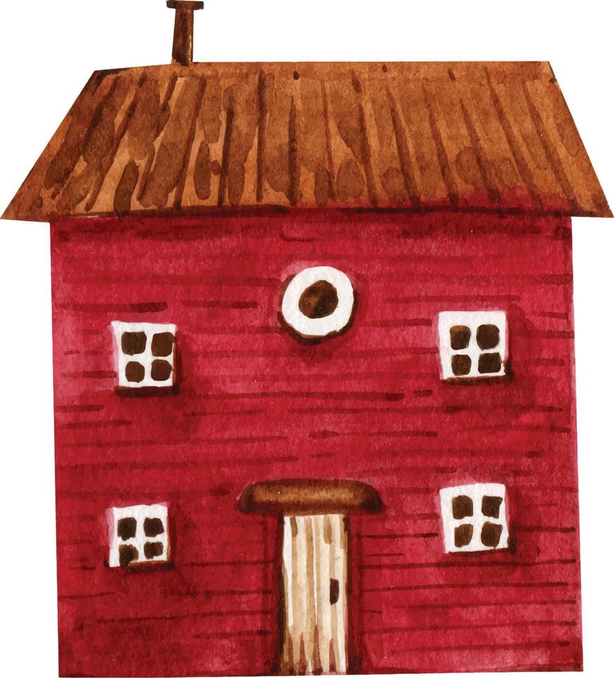 red wooden house in cartoon style, watercolor illustration vector