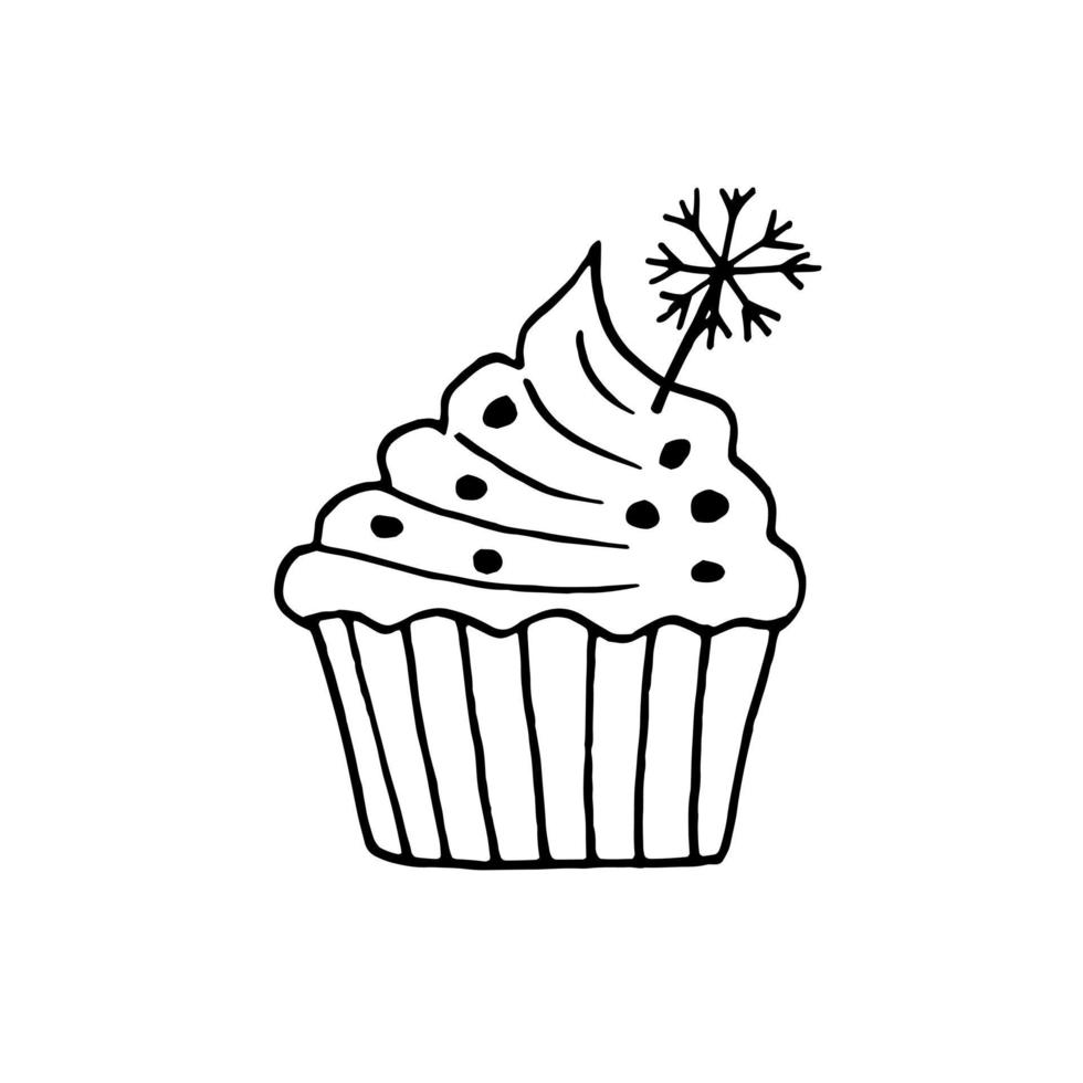 cupcake with a snowflake hand drawn in doodle style. sweet holiday dessert vector