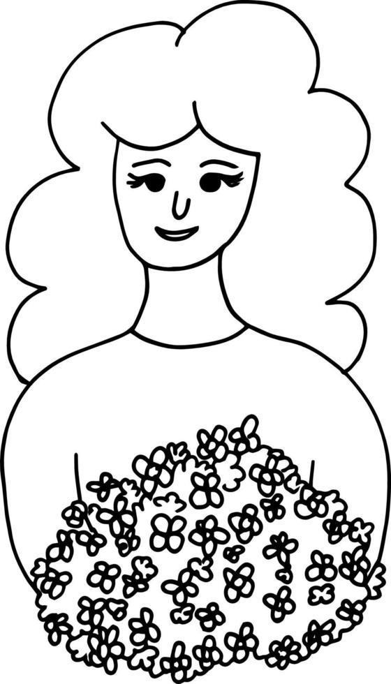 mujer con icono de ramo de flores. tarjeta de plantilla, póster, pancarta. estilo de garabato dibujado a mano. , minimalismo, bosquejo monocromático vector