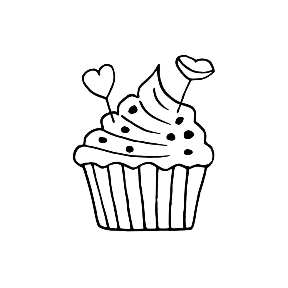 cupcake with heart and lips hand drawn in doodle style. sweet holiday dessert vector