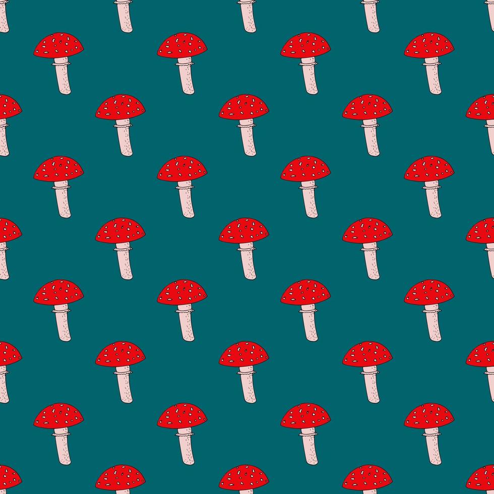 hongo agárico de mosca patrón sin costuras dibujado a mano. , minimalismo, escandinavo, colores de moda 2022, verde, rojo. Fondo de papel de envolver de papel tapiz de textiles venenosos vector
