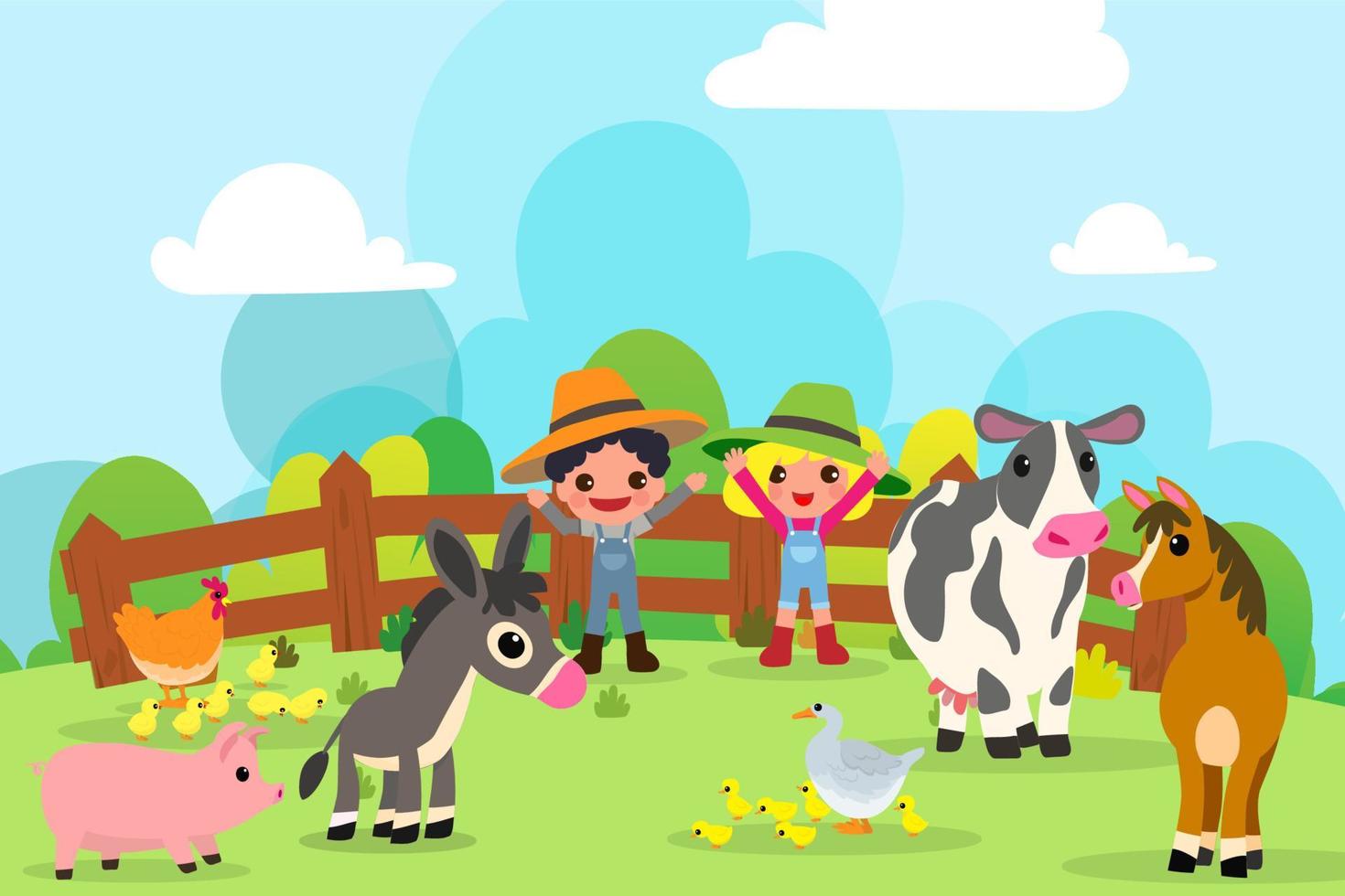 Cute animals in ranch, Farm and agriculture. illustrations of village life and objects Design for banner, layout, annual report, web, flyer, brochure, ad. vector