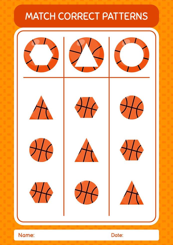 Match pattern game with basketball. worksheet for preschool kids, kids activity sheet vector