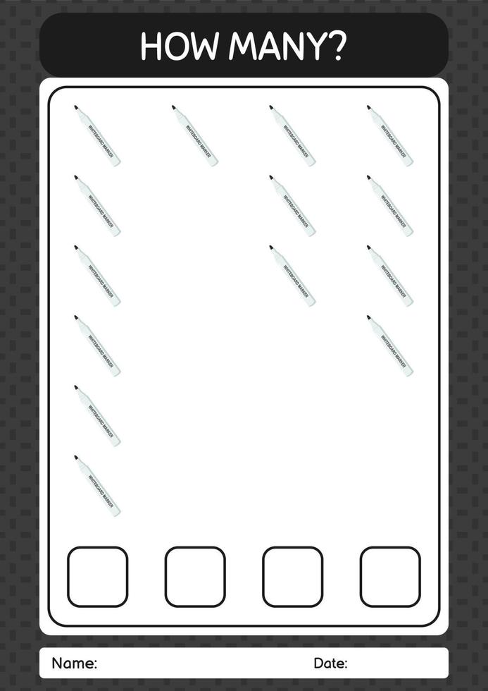 How many counting game with whiteboard marker. worksheet for preschool kids, kids activity sheet vector