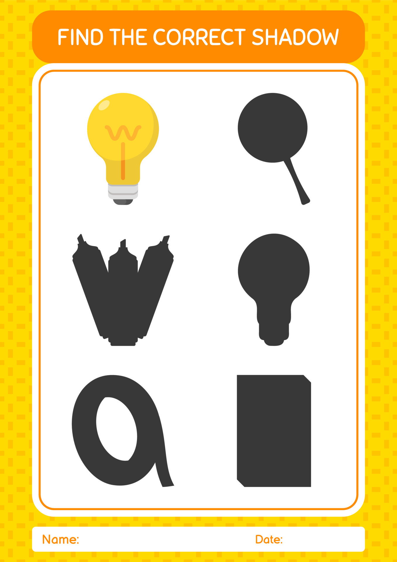 Find the correct shadows game with light bulb. worksheet for preschool