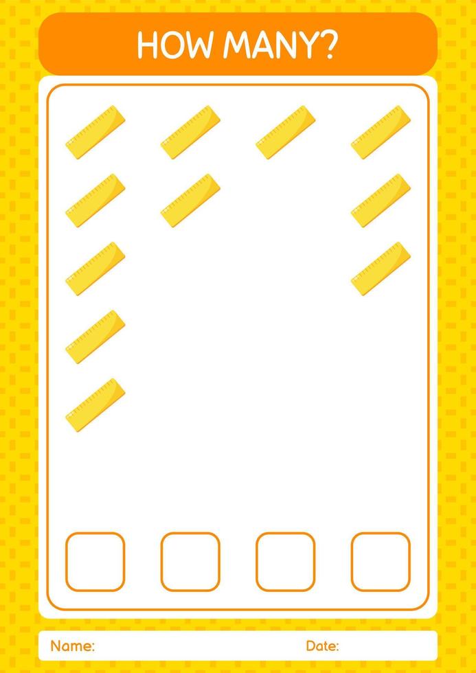 How many counting game with ruler. worksheet for preschool kids, kids activity sheet vector