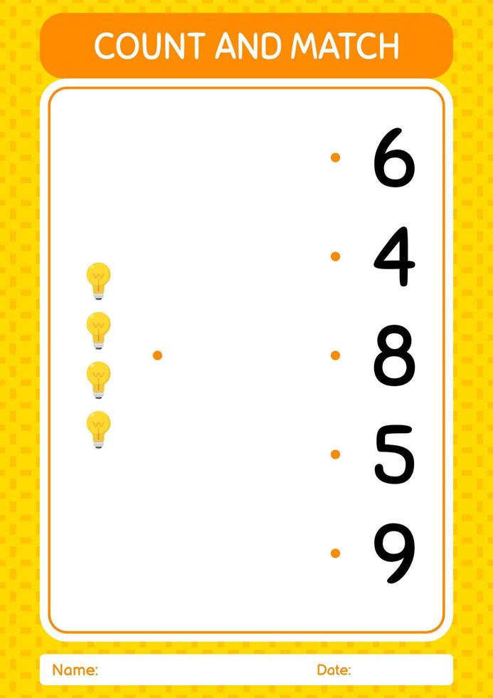 Count and match game with light bulb. worksheet for preschool kids, kids activity sheet vector