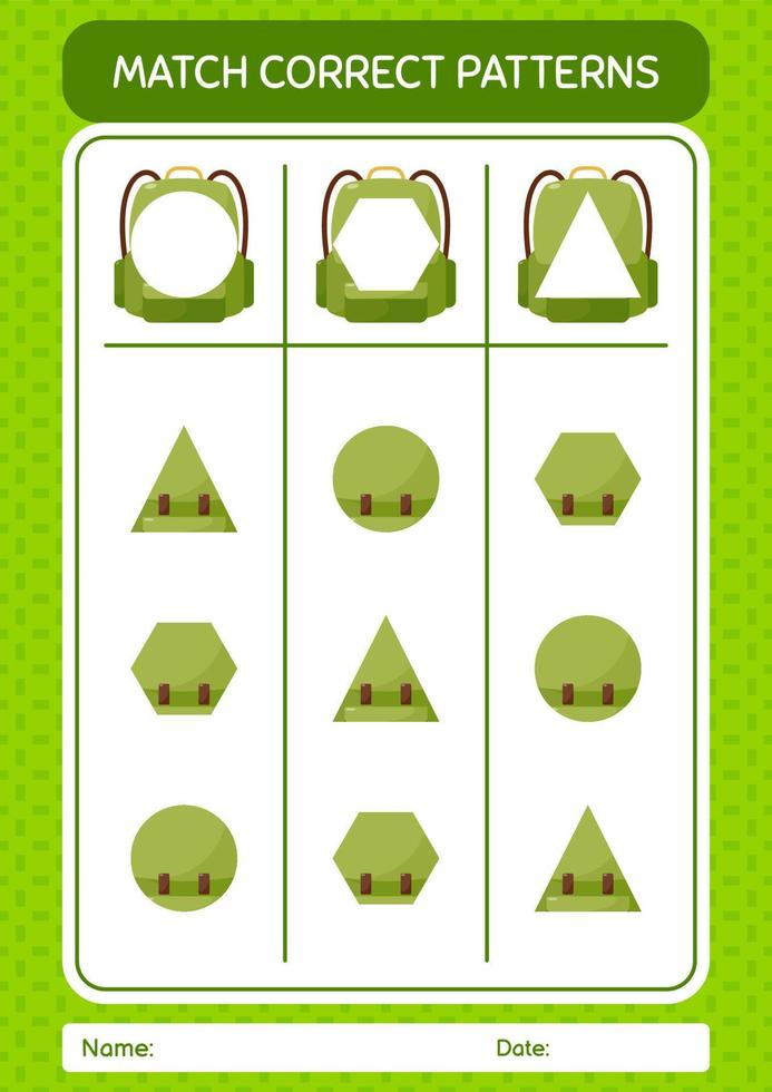 Match pattern game with backpack. worksheet for preschool kids, kids activity sheet vector