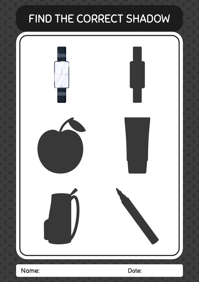 Find the correct shadows game with watch. worksheet for preschool kids, kids activity sheet vector