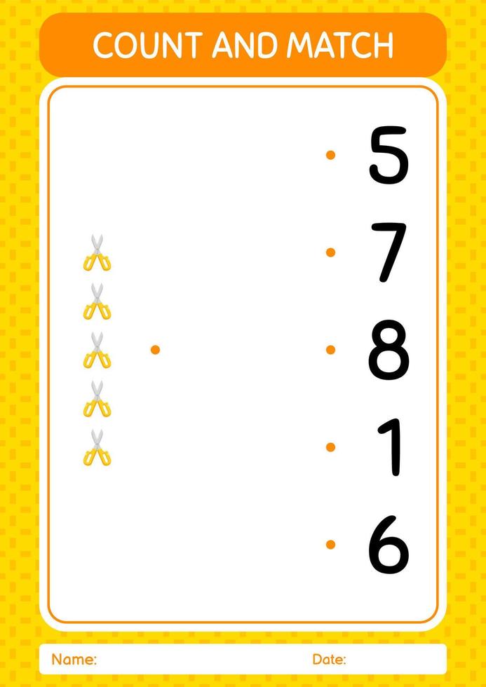 Count and match game with scissors. worksheet for preschool kids, kids activity sheet vector
